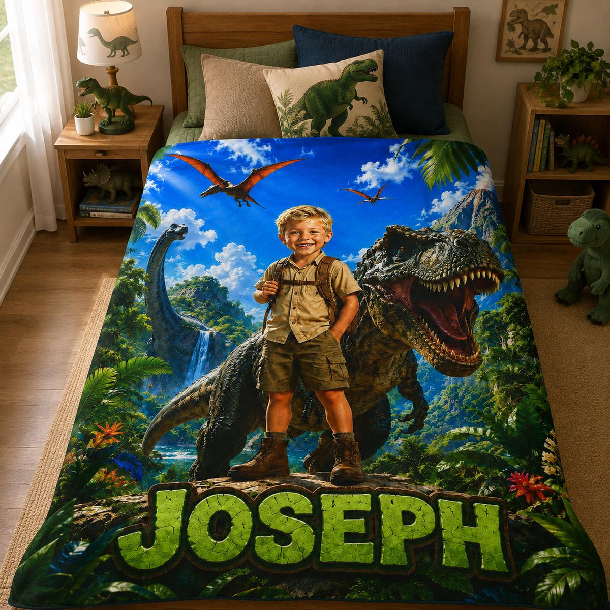 Personalized Dinosaur Blanket, Custom Name Kids Dino Gift