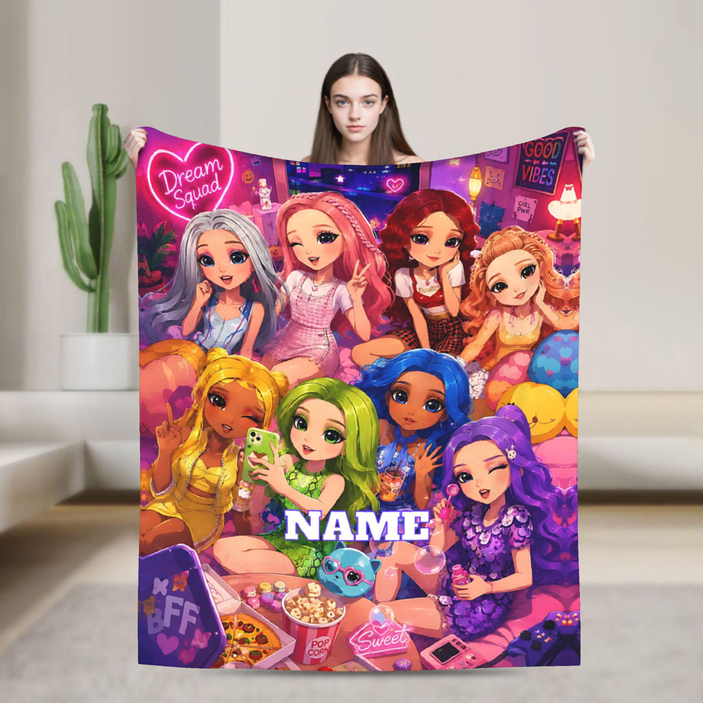 Personalized Fashion Doll Flannel Blanket, Custom Name Cozy Throw, Colorful Girls Room Decor, Soft Kids Birthday Gift