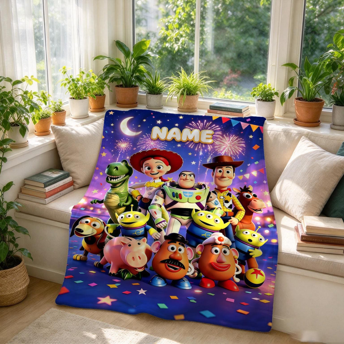 Custom Name Toy Story Blanket Soft Throw, Night Sky Firework Print, Personalized Kids Fleece