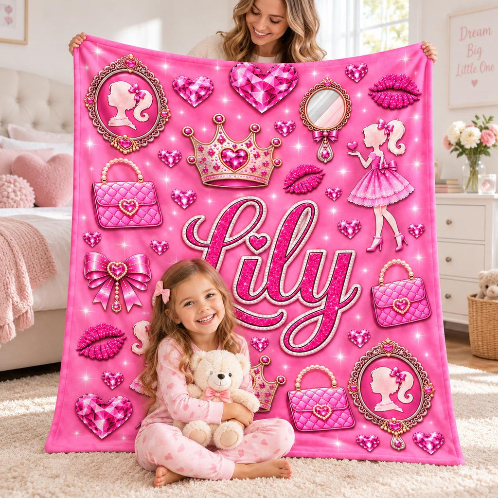 Personalized Girls Blanket, Pink Princess Blanket with Name, Kids Plush Gift