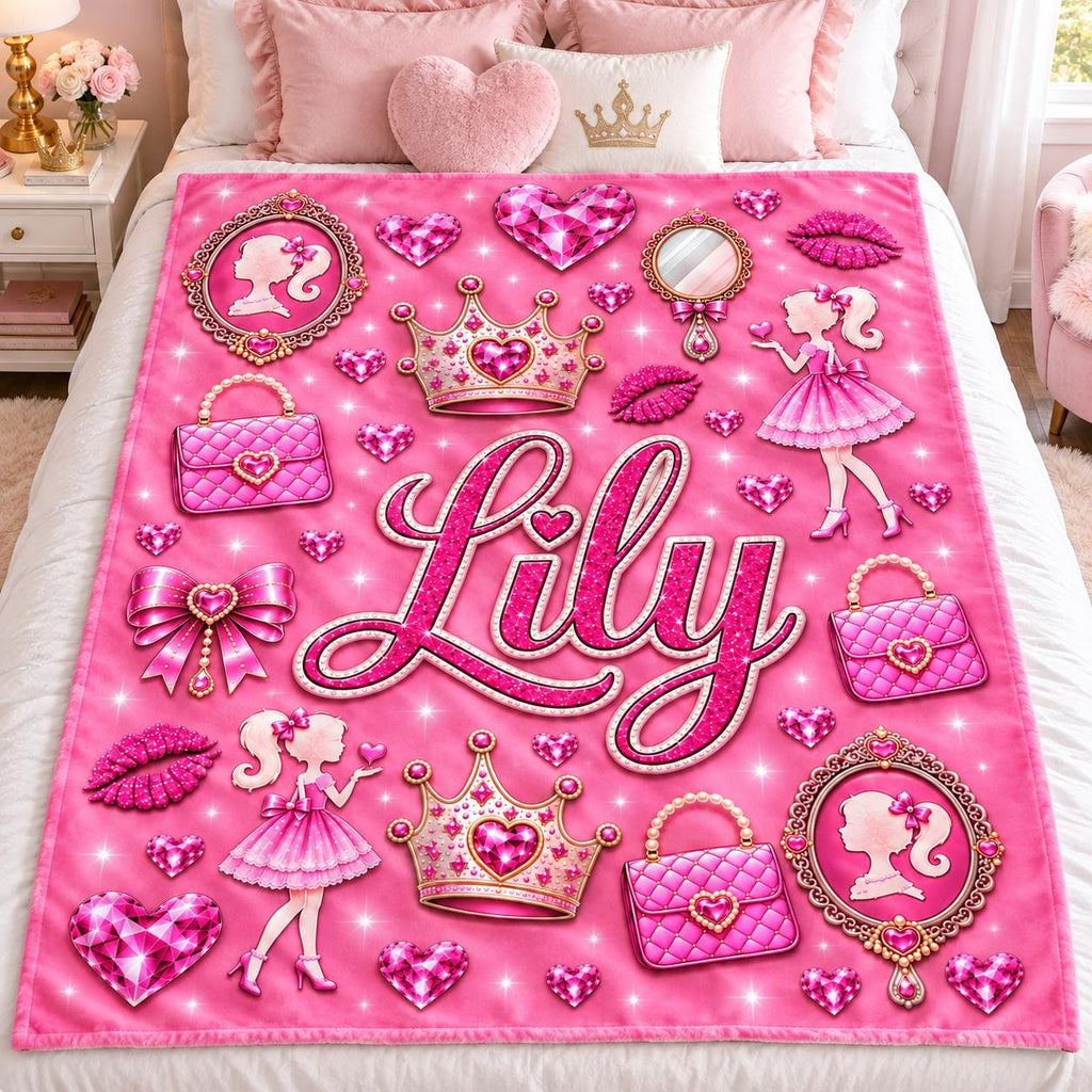 Personalized Girls Blanket, Pink Princess Blanket with Name, Kids Plush Gift