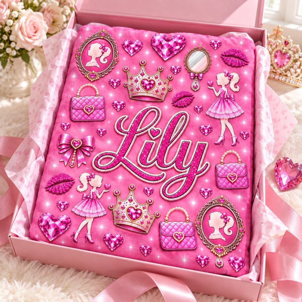 Personalized Girls Blanket, Pink Princess Blanket with Name, Kids Plush Gift