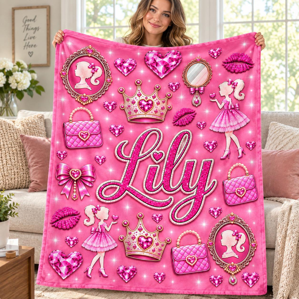 Personalized Girls Blanket, Pink Princess Blanket with Name, Kids Plush Gift