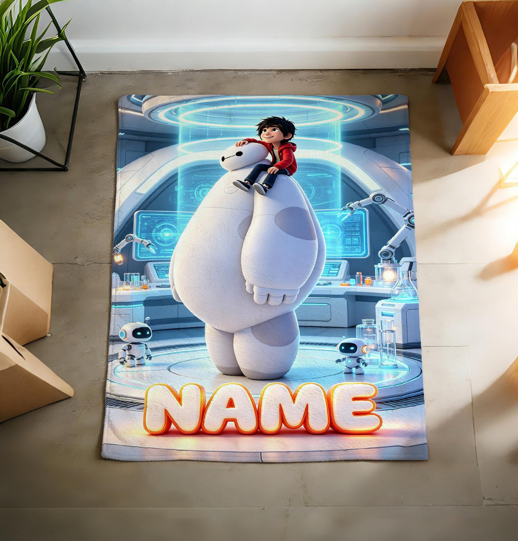 Personalized Baymax Robot Fleece Blanket, Custom Name Throw, Cozy Kids Gift