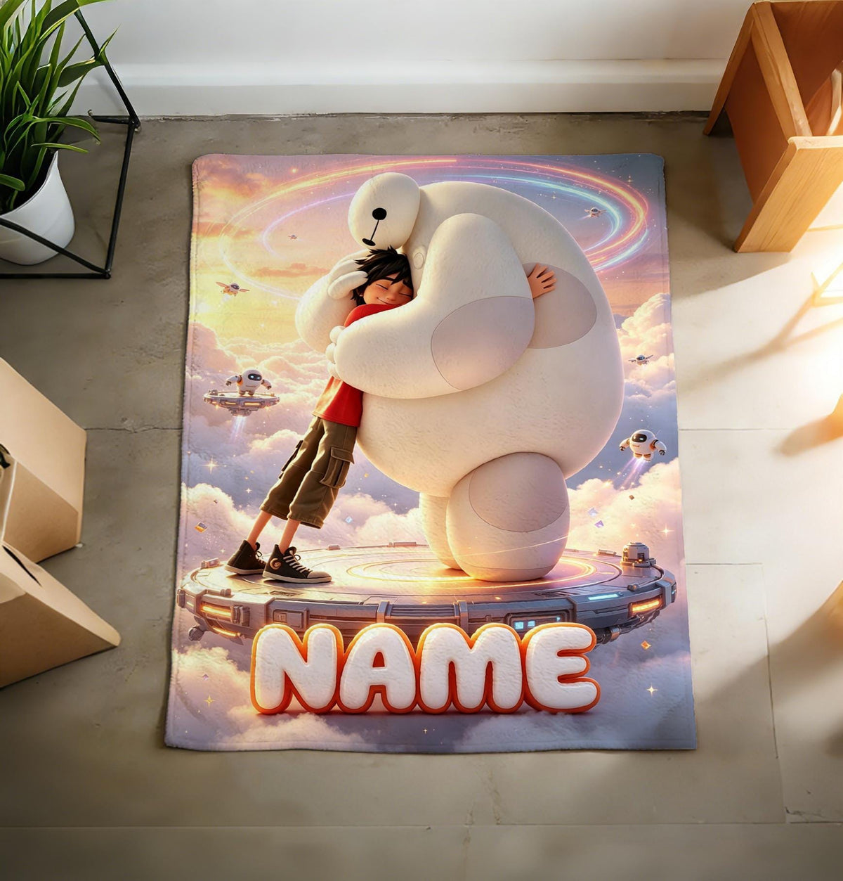 Personalized Baymax Robot Fleece Blanket, Custom Name Throw, Cozy Kids Gift