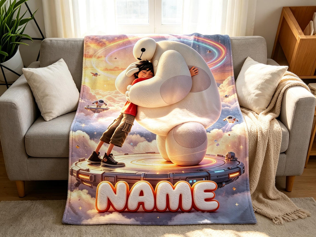 Personalized Baymax Robot Fleece Blanket, Custom Name Throw, Cozy Kids Gift