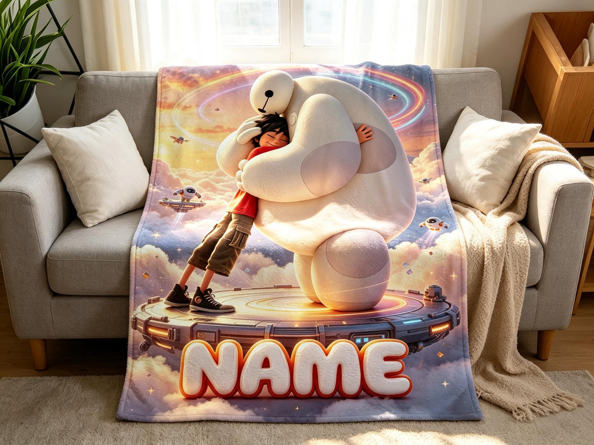 Personalized Baymax Robot Fleece Blanket, Custom Name Throw, Cozy Kids Gift