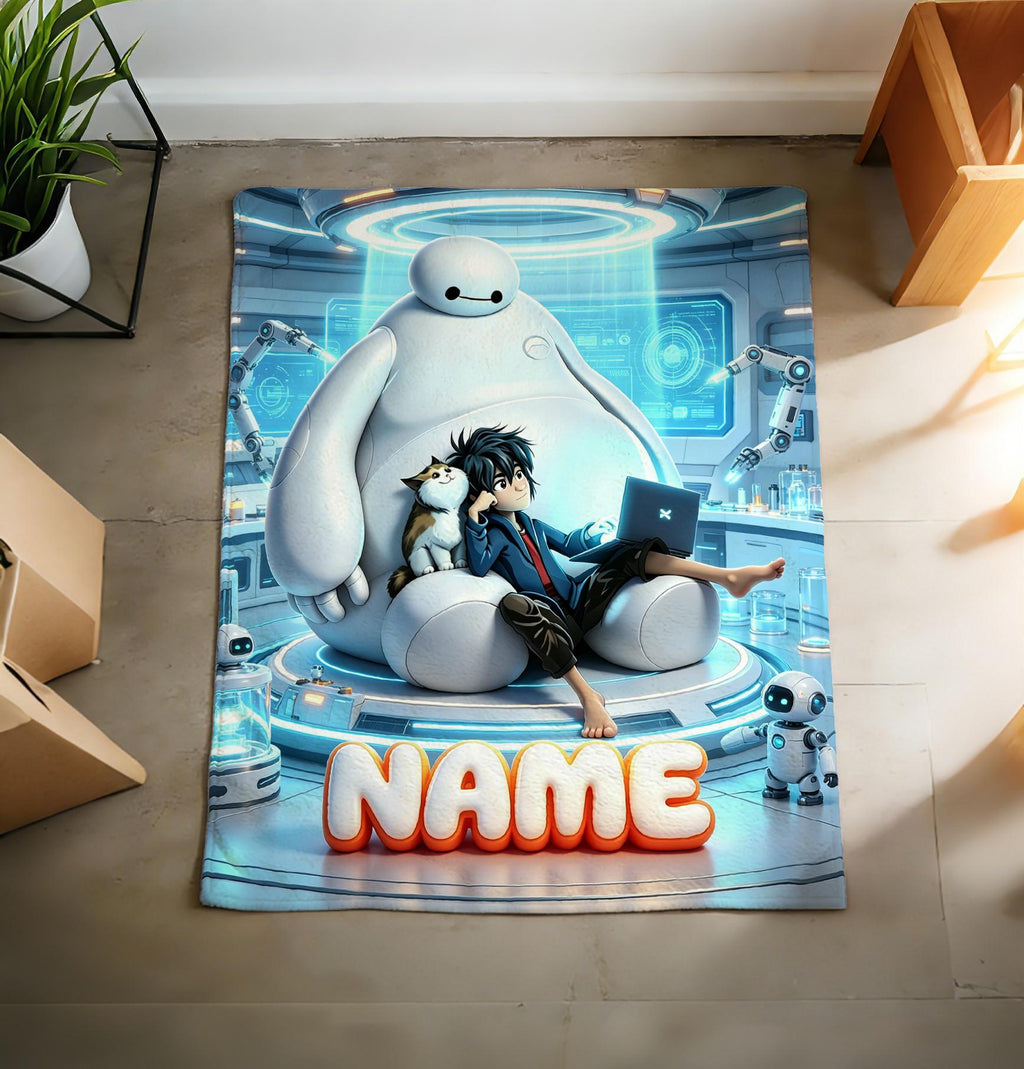 Personalized Baymax Robot Fleece Blanket, Custom Name Throw, Cozy Kids Gift