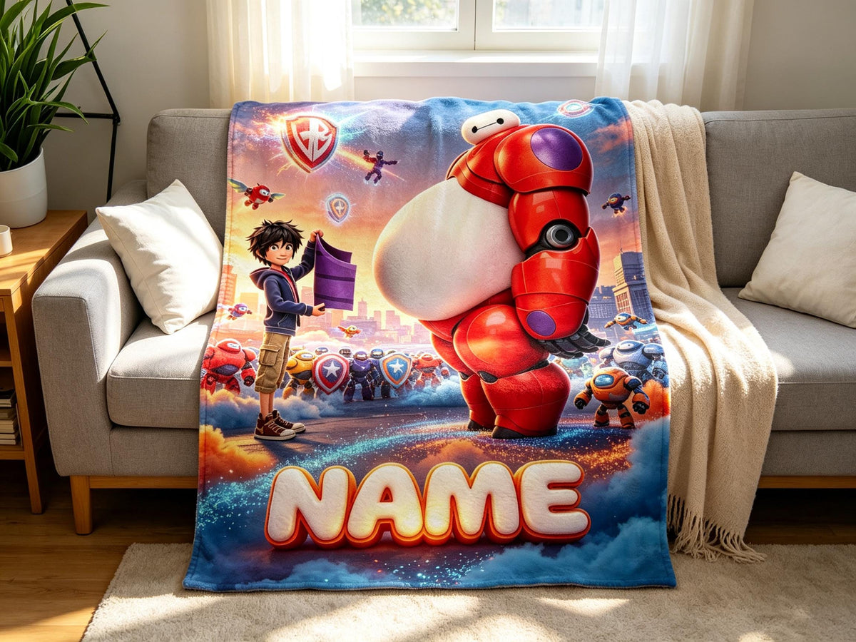 Personalized Baymax Robot Fleece Blanket, Custom Name Throw, Cozy Kids Gift