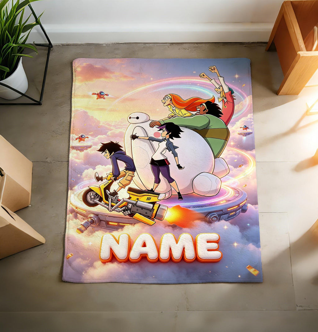 Personalized Baymax Robot Fleece Blanket, Custom Name Throw, Cozy Kids Gift