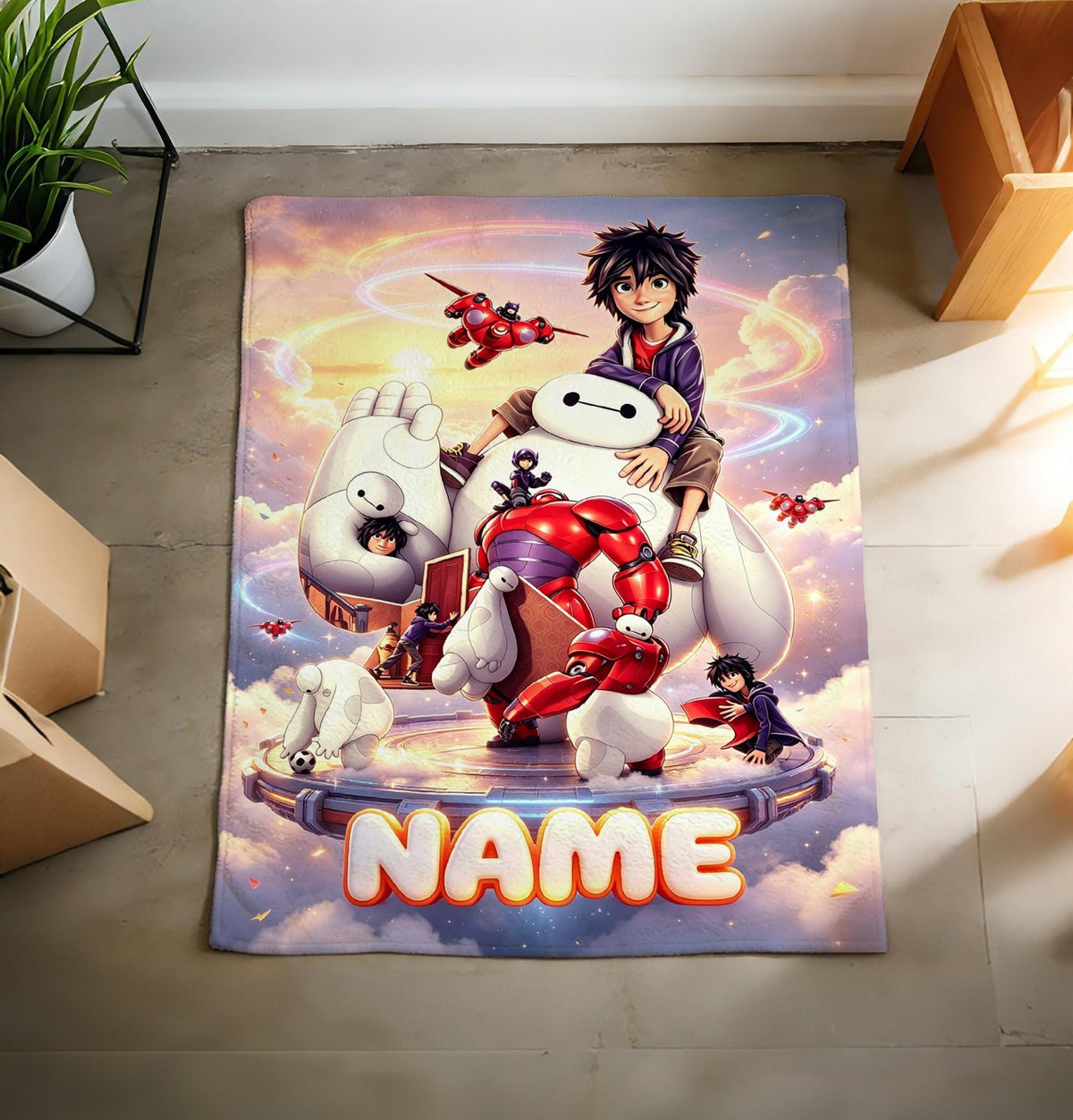 Personalized Baymax Robot Fleece Blanket, Custom Name Throw, Cozy Kids Gift