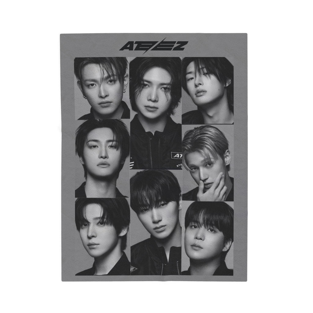 Ateez Inspired Group Photo Grayscale Velveteen Plush Blanket