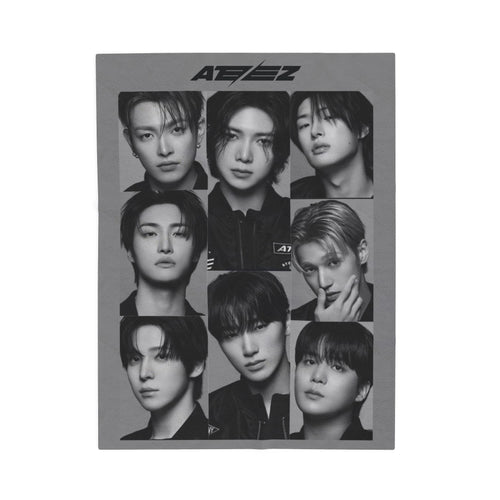 Ateez Inspired Group Photo Grayscale Velveteen Plush Blanket