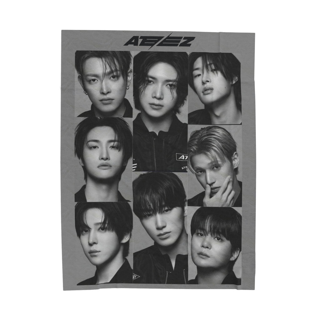 Ateez Inspired Group Photo Grayscale Velveteen Plush Blanket