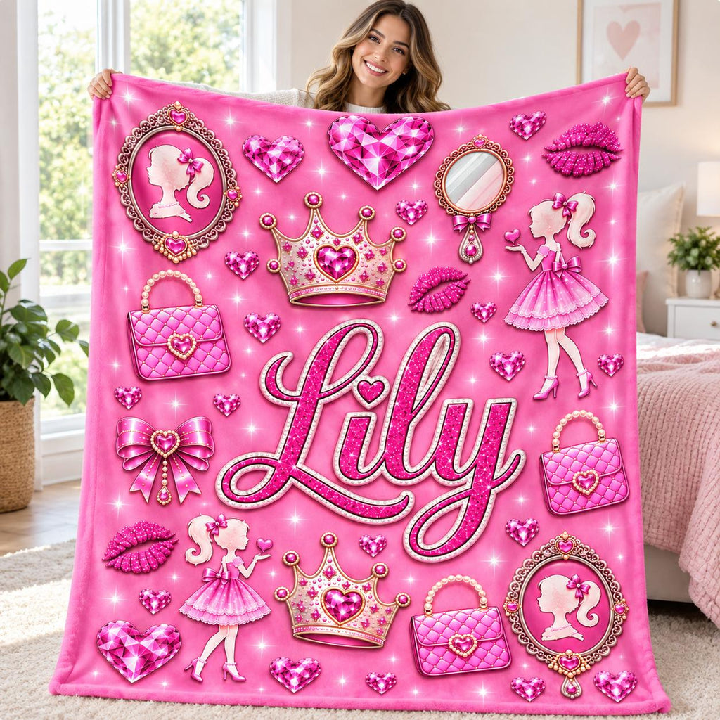 Personalized Girls Blanket, Pink Princess Blanket with Name, Kids Plush Gift
