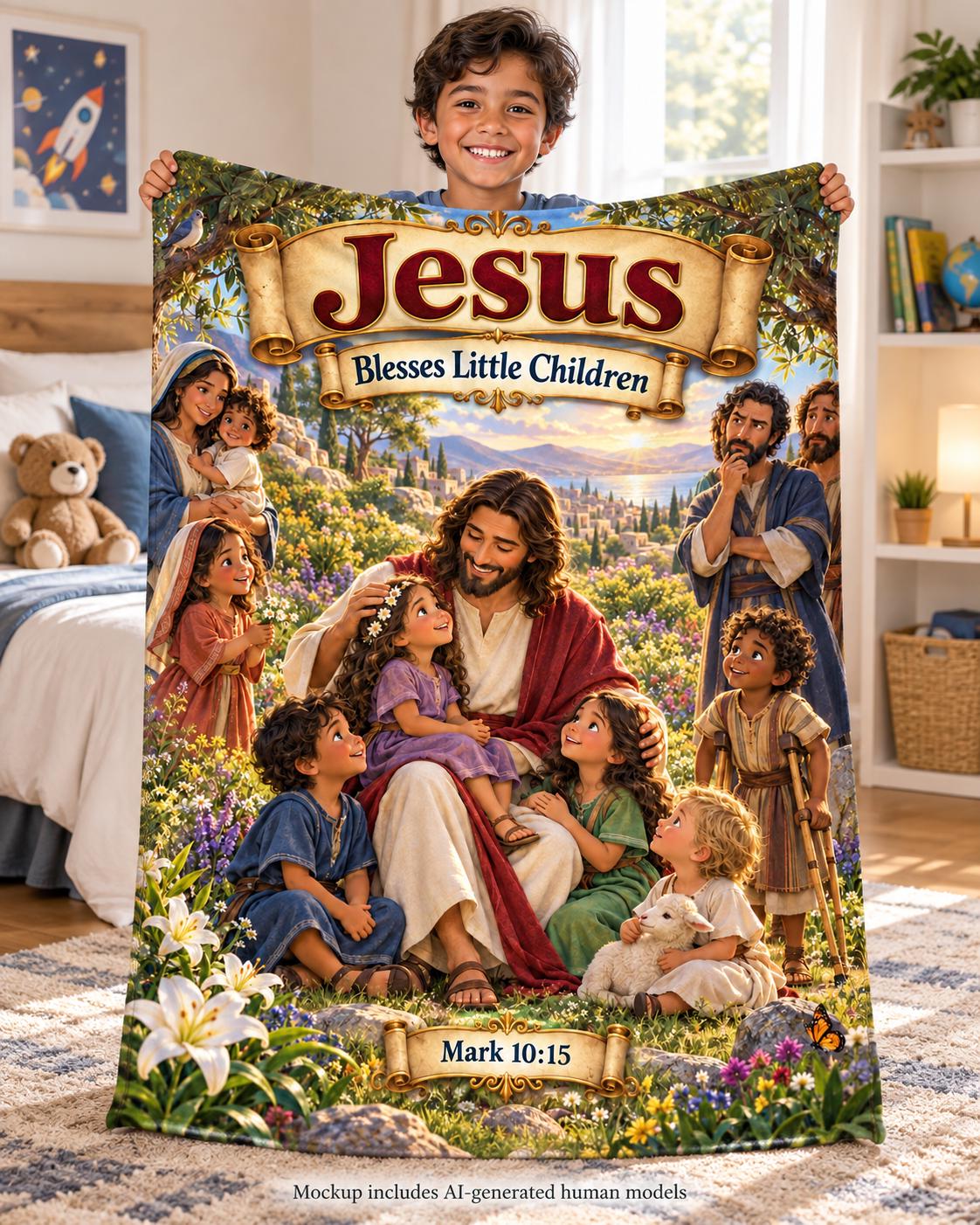 Jesus Blesses Children Blanket | Mark 10:15 Bible Story, Christian Kids Gift