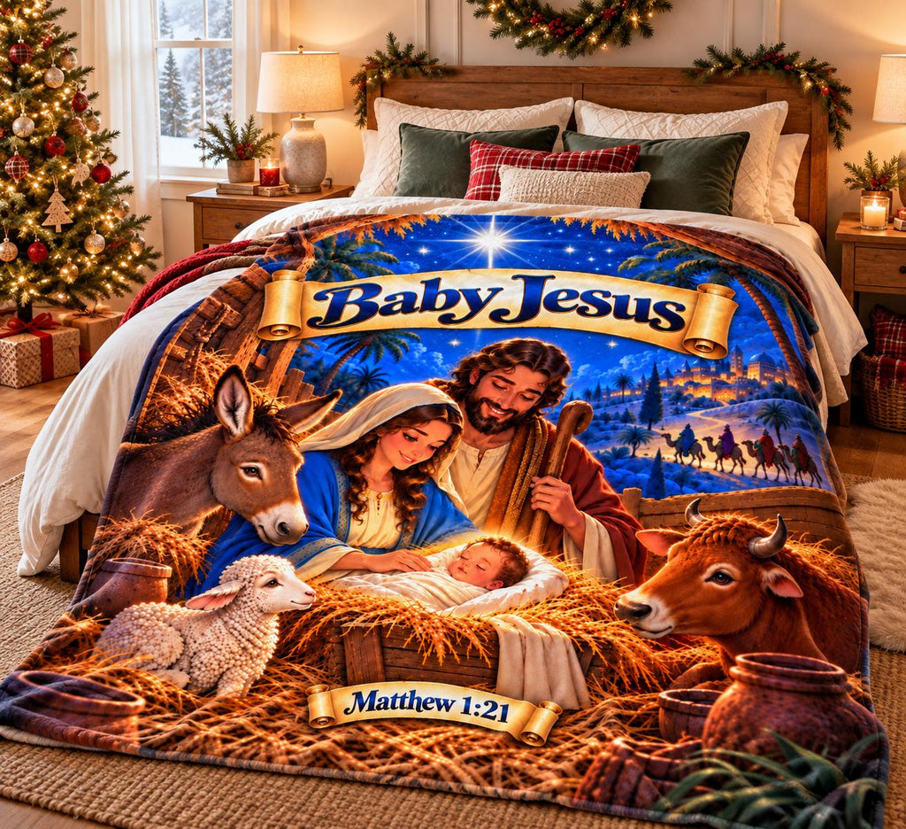 Baby Jesus Nativity Scene Velveteen Plush Blanket | Matthew 1:21 Christmas Throw