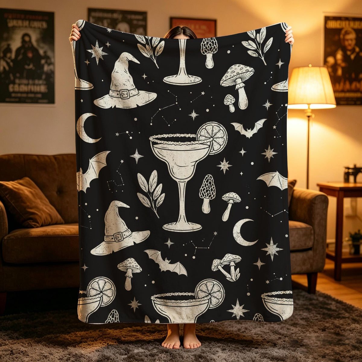 Midnight Margaritas Blanket, Cocktail Mushroom Throw, Black White Flannel, Cozy Halloween Decor, Gift for Witchy Lover