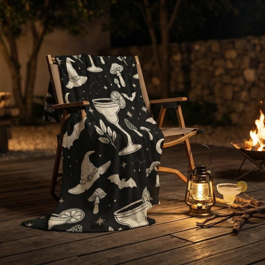 Midnight Margaritas Blanket, Cocktail Mushroom Throw, Black White Flannel, Cozy Halloween Decor, Gift for Witchy Lover
