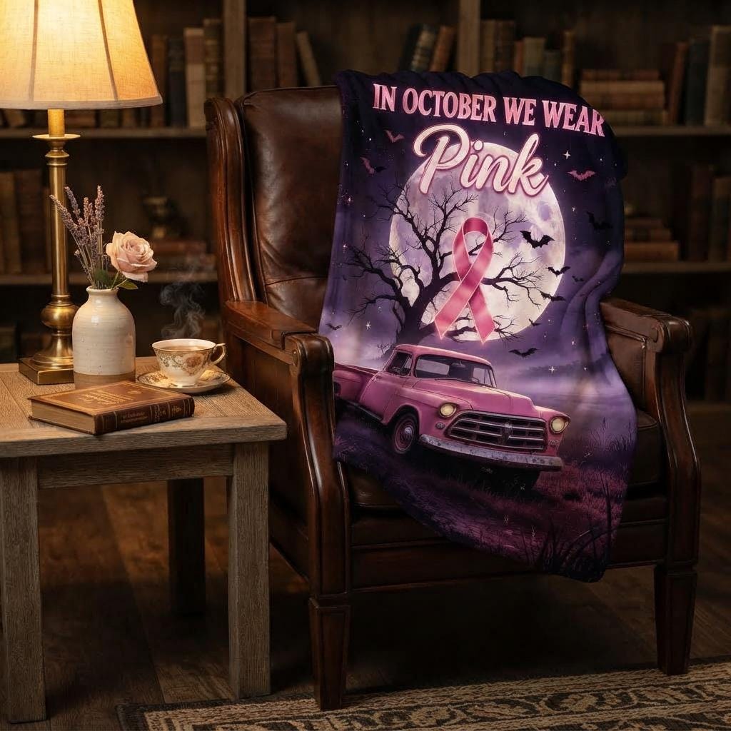 Pink Ribbon Blanket, Halloween Awareness Throw, Retro Truck Flannel, Spooky Cozy Decor, Gift for Survivor Her