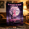 Pink Ribbon Blanket, Halloween Awareness Throw, Retro Truck Flannel, Spooky Cozy Decor, Gift for Survivor Her
