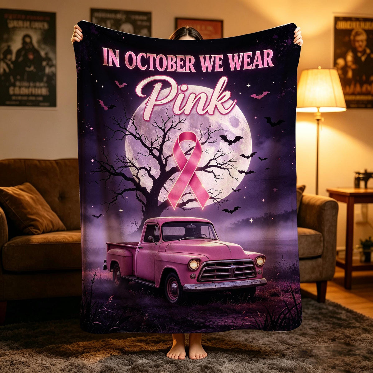 Pink Ribbon Blanket, Halloween Awareness Throw, Retro Truck Flannel, Spooky Cozy Decor, Gift for Survivor Her