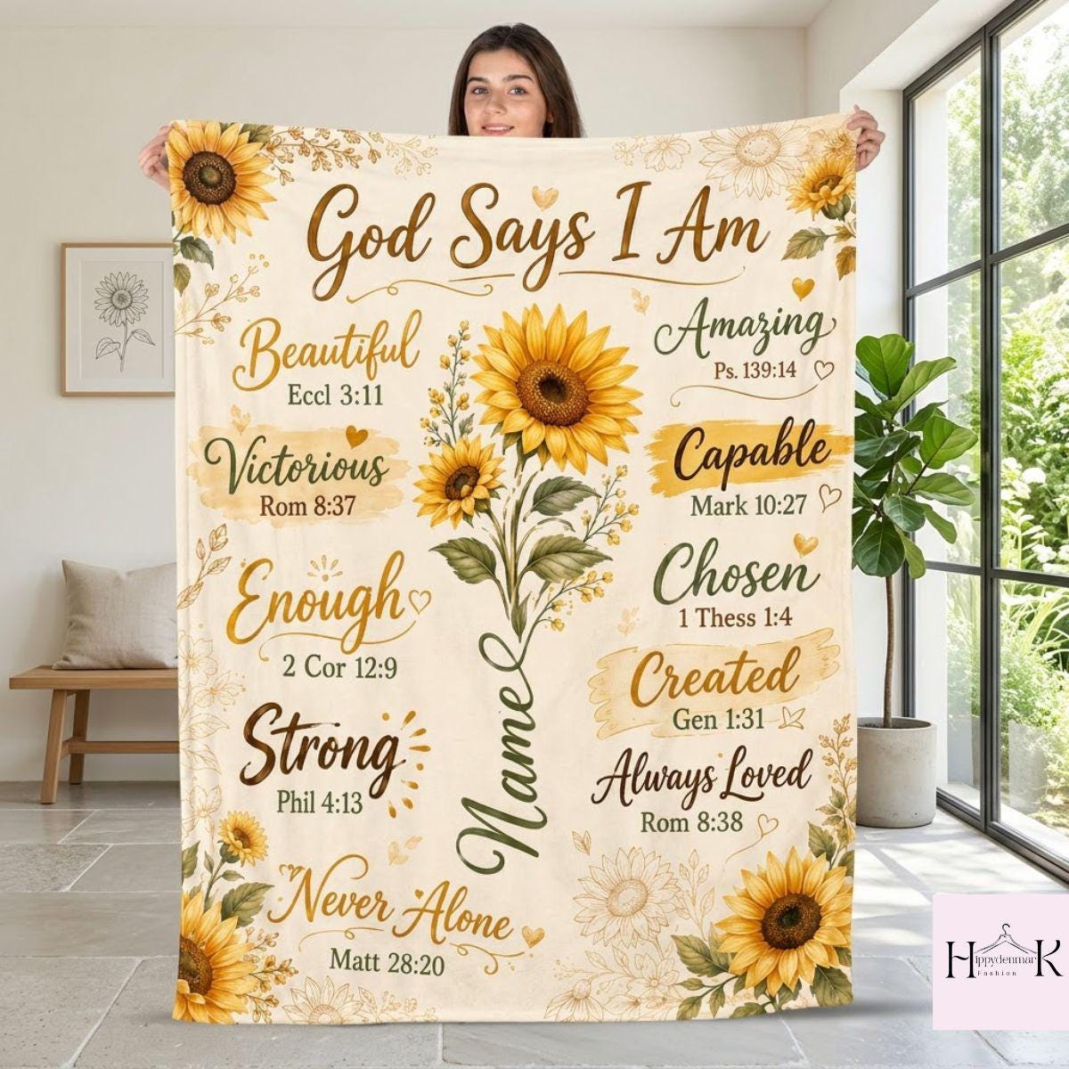 Personalized Christian Blanket, God Says I Am Sunflower Fleece Throw, Custom Name Bible Verse Gift for Women and Girls, Sunflower Decor