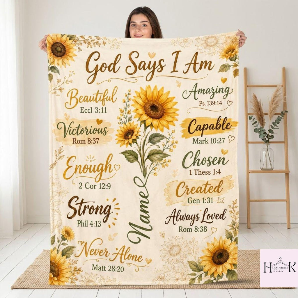 Personalized Christian Blanket, God Says I Am Sunflower Fleece Throw, Custom Name Bible Verse Gift for Women and Girls, Sunflower Decor