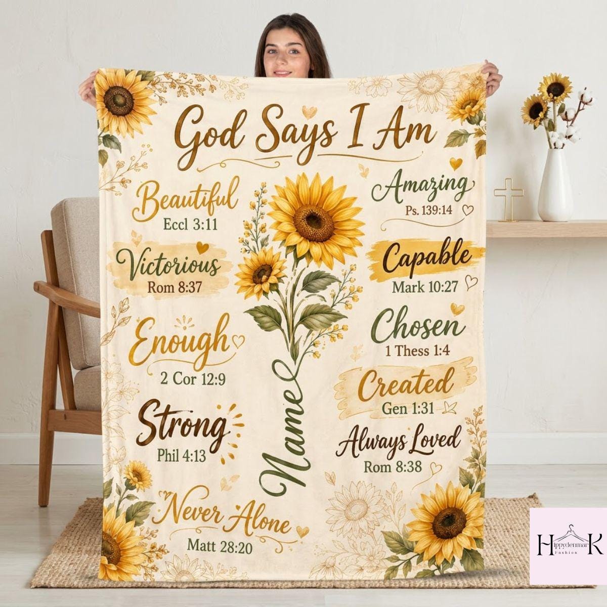 Personalized Christian Blanket, God Says I Am Sunflower Fleece Throw, Custom Name Bible Verse Gift for Women and Girls, Sunflower Decor