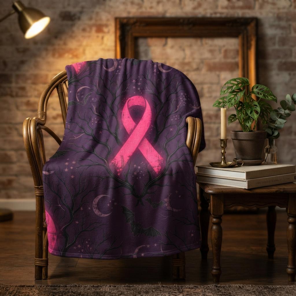 Gothic Pink Ribbon Blanket, Spooky Halloween Throw, Purple Bat Flannel, Breast Cancer Awareness Decor, Gift for Her
