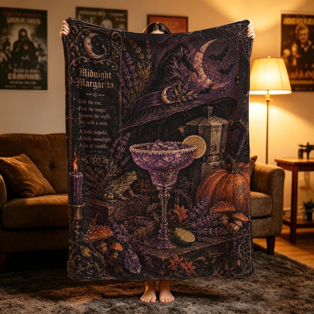 Midnight Margarita Flannel Blanket, Witchy Gothic Throw, Dark Academia Cozy Plush, Magical Home Decor, Gift for Her, Soft Fall Fleece