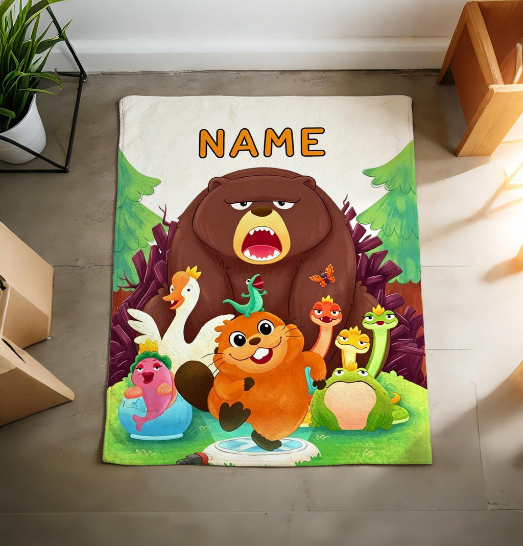 Custom Name Woodland Beaver Blanket Soft Throw, Kids Cartoon Animal Bed Gift