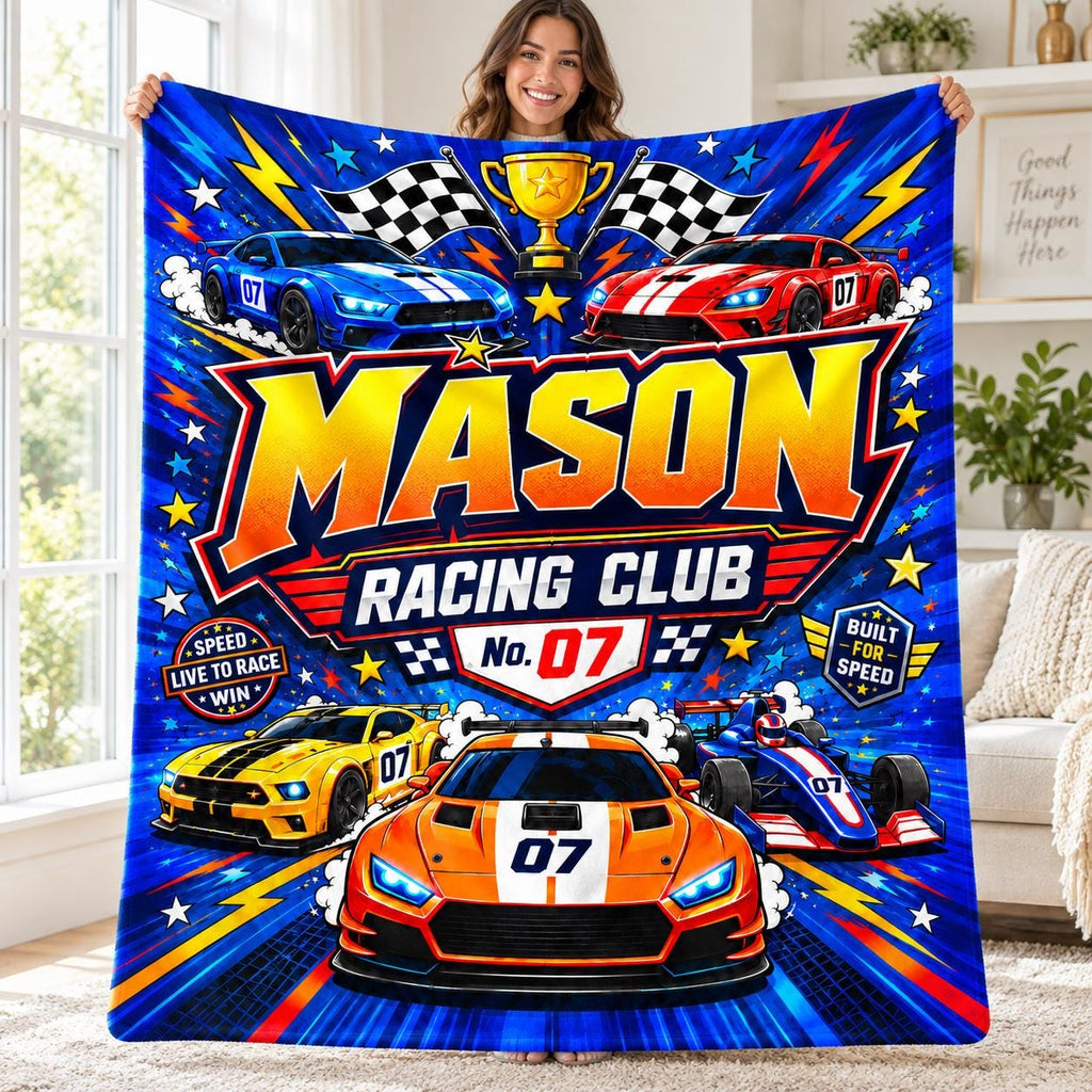 Personalized Racing Blanket for Boys, Custom Name Race Car Gift