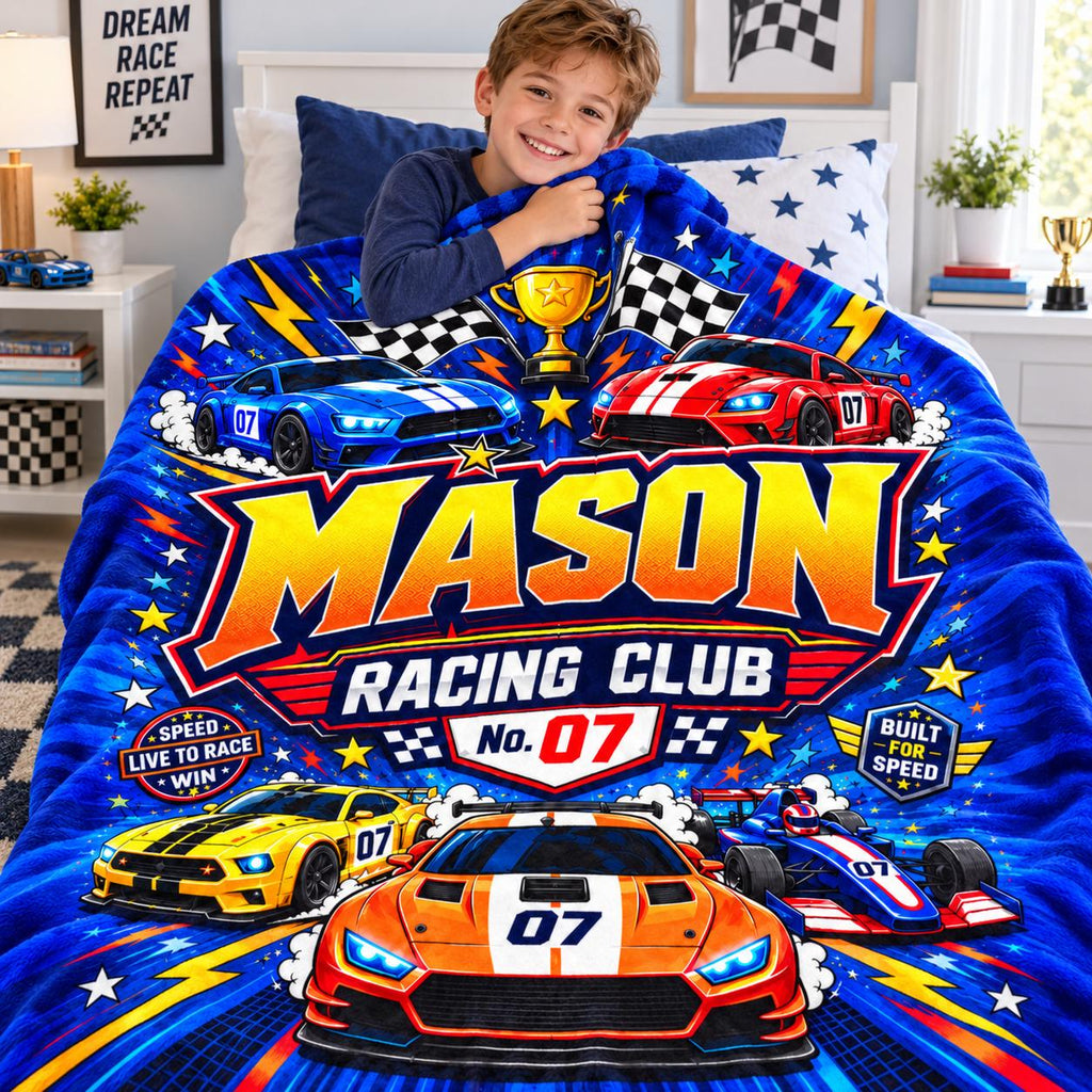 Personalized Racing Blanket for Boys, Custom Name Race Car Gift