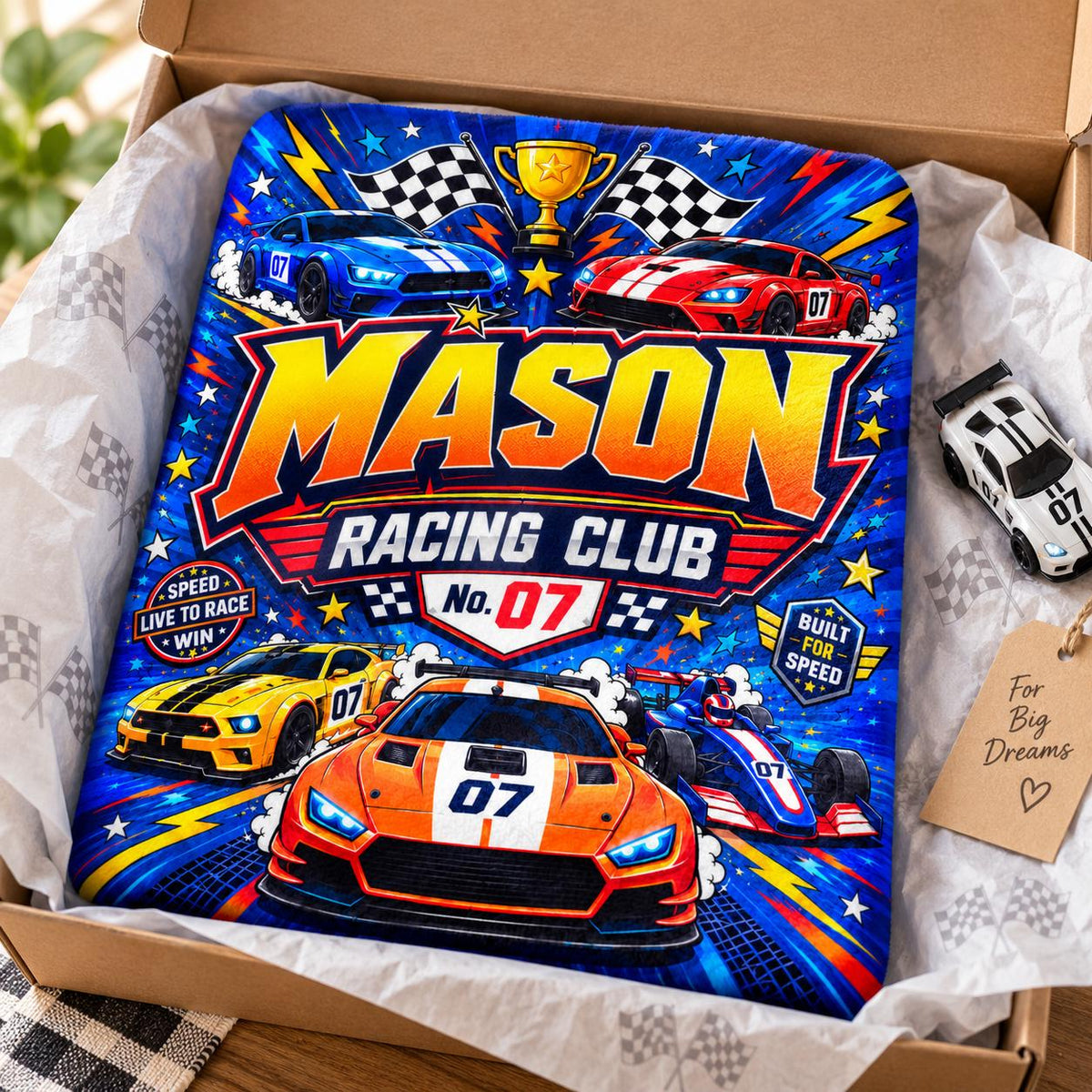 Personalized Racing Blanket for Boys, Custom Name Race Car Gift