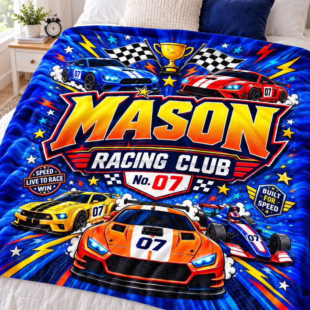Personalized Racing Blanket for Boys, Custom Name Race Car Gift