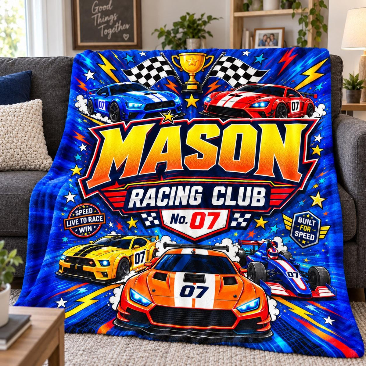 Personalized Racing Blanket for Boys, Custom Name Race Car Gift