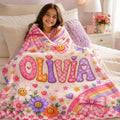Personalized Name Blanket for Girls, Floral Rainbow Plush Throw, Kids Gift