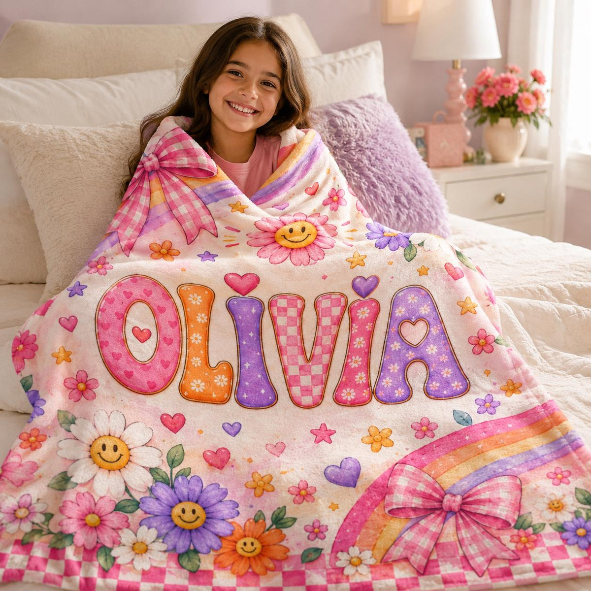 Personalized Name Blanket for Girls, Floral Rainbow Plush Throw, Kids Gift