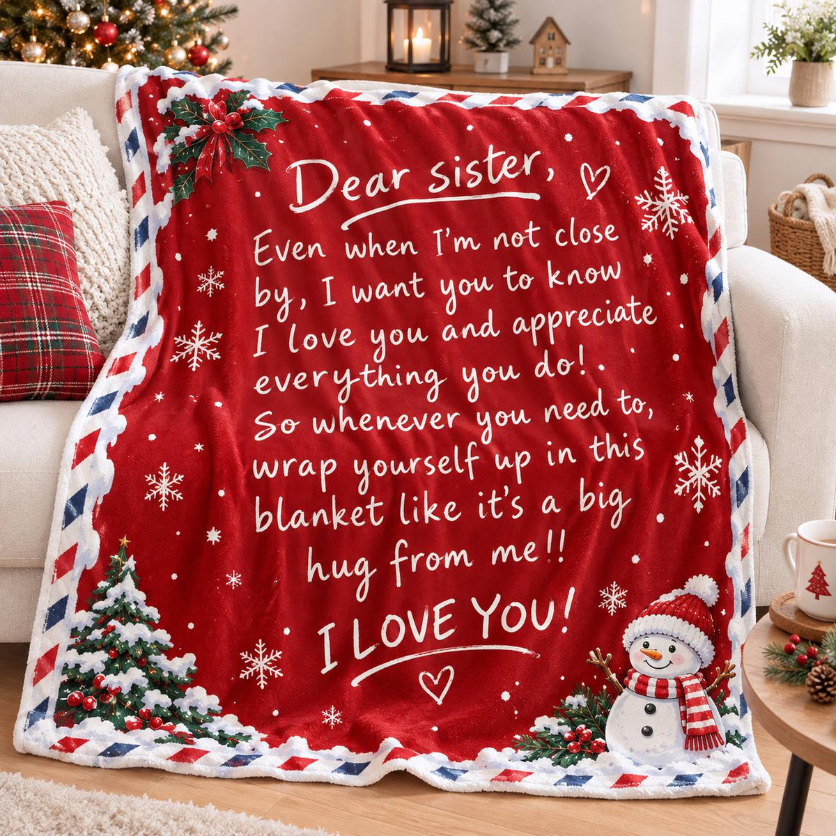 Letter to Sister Christmas Blanket, Dear Sister Gift, Custom Name Flannel Throw, Christmas Gift for Sister, Cozy Family Holiday
