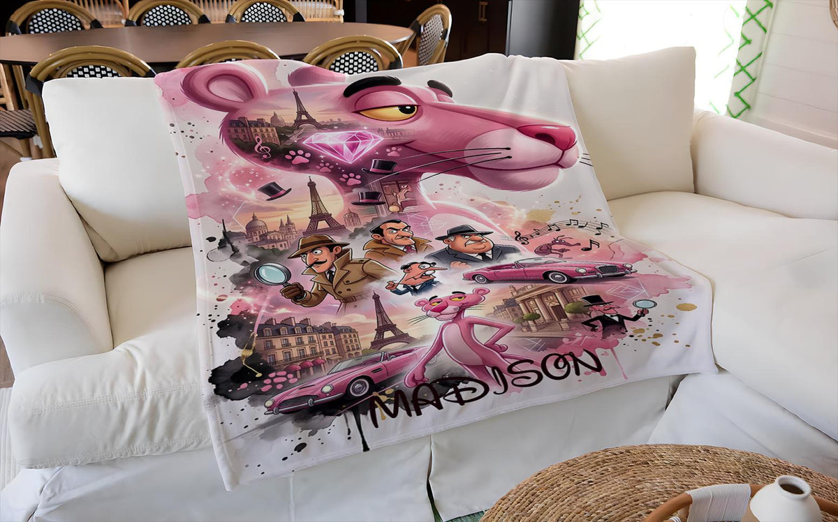 Personalized Pink Panther Blanket, Custom Pink Panther Throw with Name, Retro Cartoon Blanket, Cute Pink Kids Blanket, Vintage Cartoon Gift
