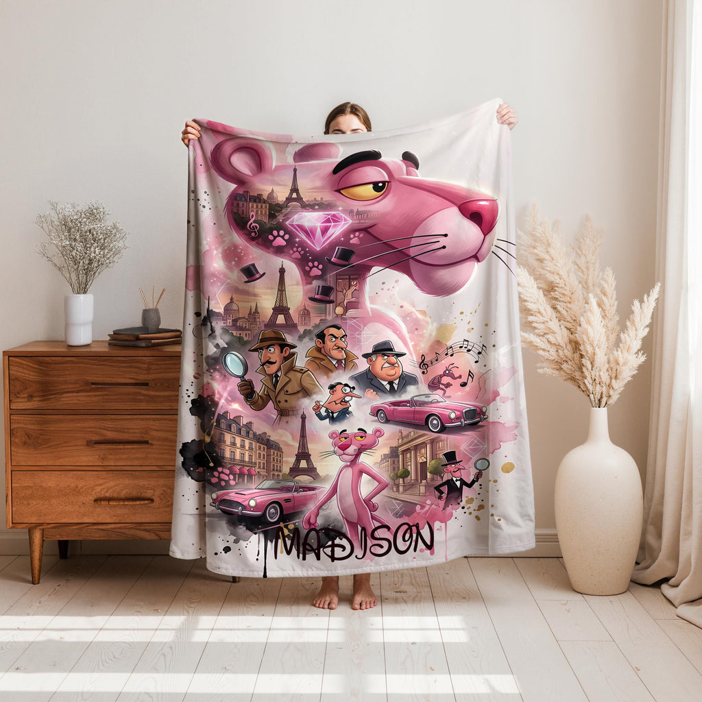 Personalized Pink Panther Blanket, Custom Pink Panther Throw with Name, Retro Cartoon Blanket, Cute Pink Kids Blanket, Vintage Cartoon Gift