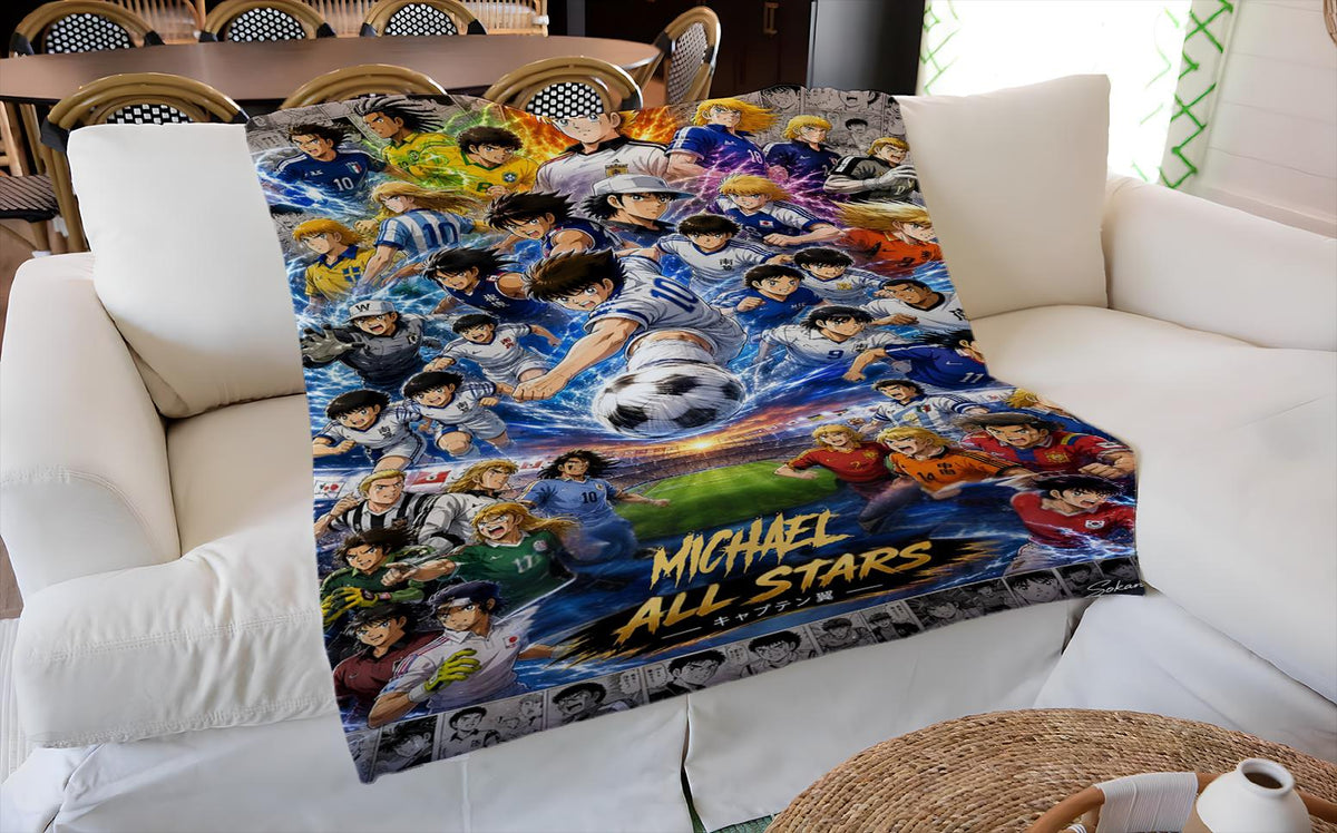 Personalized Captain Tsubasa Blanket, Custom Soccer Anime Throw with Name, Football Manga Inspired Blanket, Soccer Fan Gift