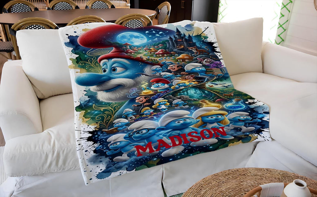 Personalized Smurfs Blanket, Custom Smurfs Throw with Name, Blue Cartoon Kids Blanket, Classic Cartoon Gift, Cozy Kids Blanket