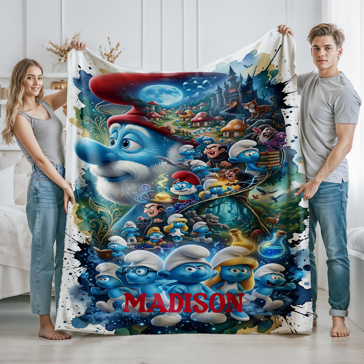 Personalized Smurfs Blanket, Custom Smurfs Throw with Name, Blue Cartoon Kids Blanket, Classic Cartoon Gift, Cozy Kids Blanket