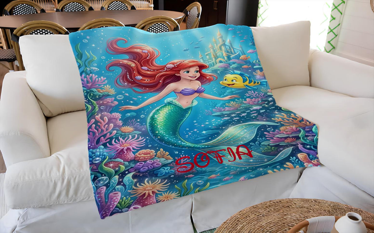 Personalized Mermaid Blanket, Custom Mermaid Throw with Name, Magical Ocean Blanket, Cute Under the Sea Kids Blanket, Mermaid Gift for Girls