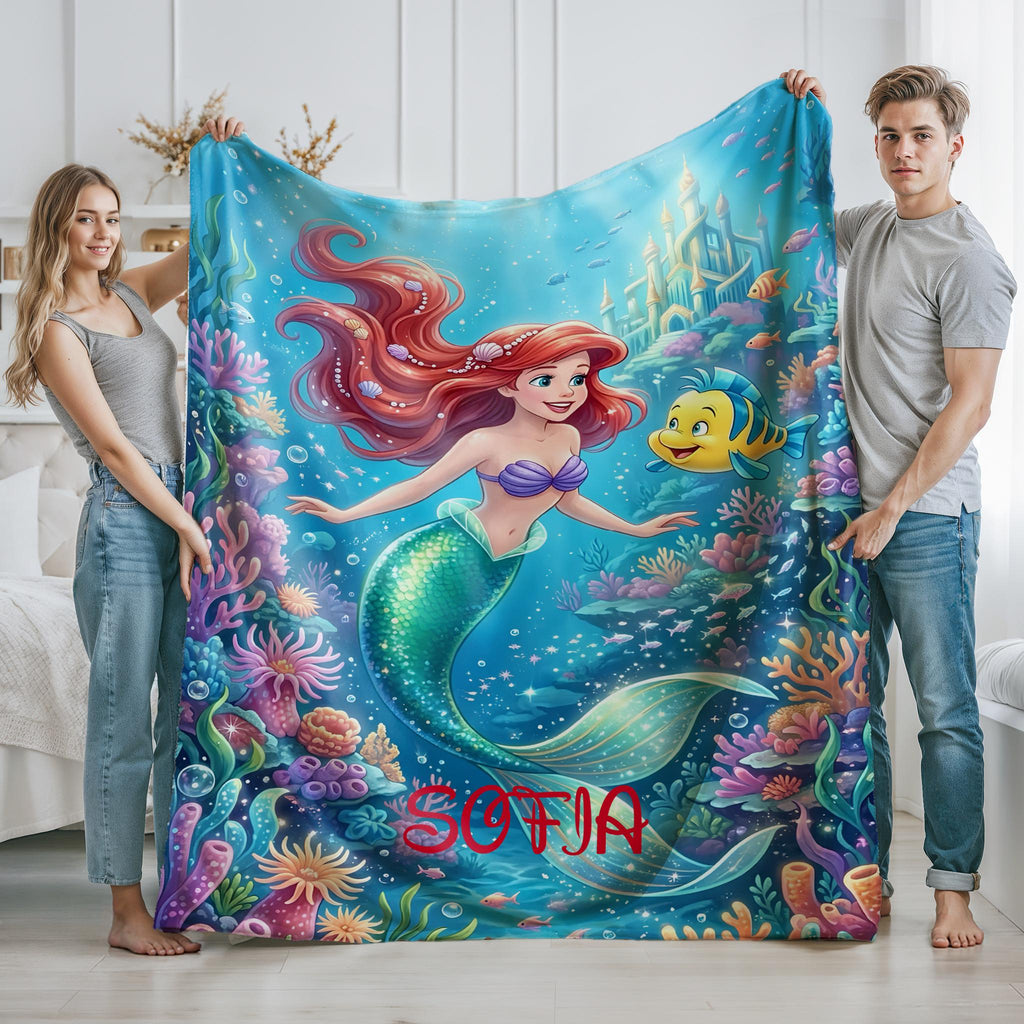 Personalized Mermaid Blanket, Custom Mermaid Throw with Name, Magical Ocean Blanket, Cute Under the Sea Kids Blanket, Mermaid Gift for Girls