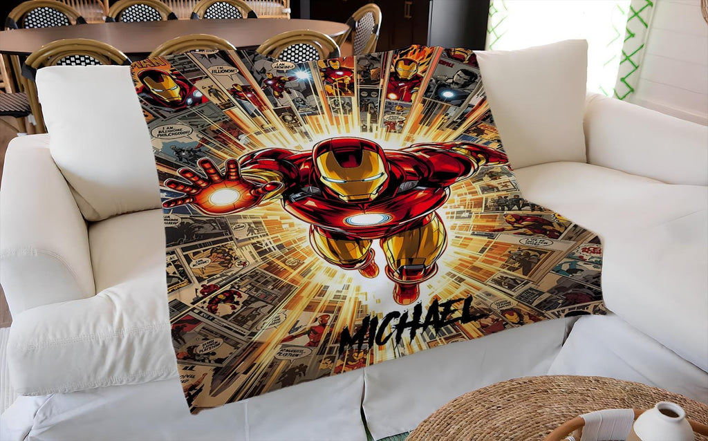 Personalized Iron Man Blanket, Custom Iron Man Throw with Name, Red Gold Superhero Blanket, Marvel Inspired Kids Blanket, Superhero Gift
