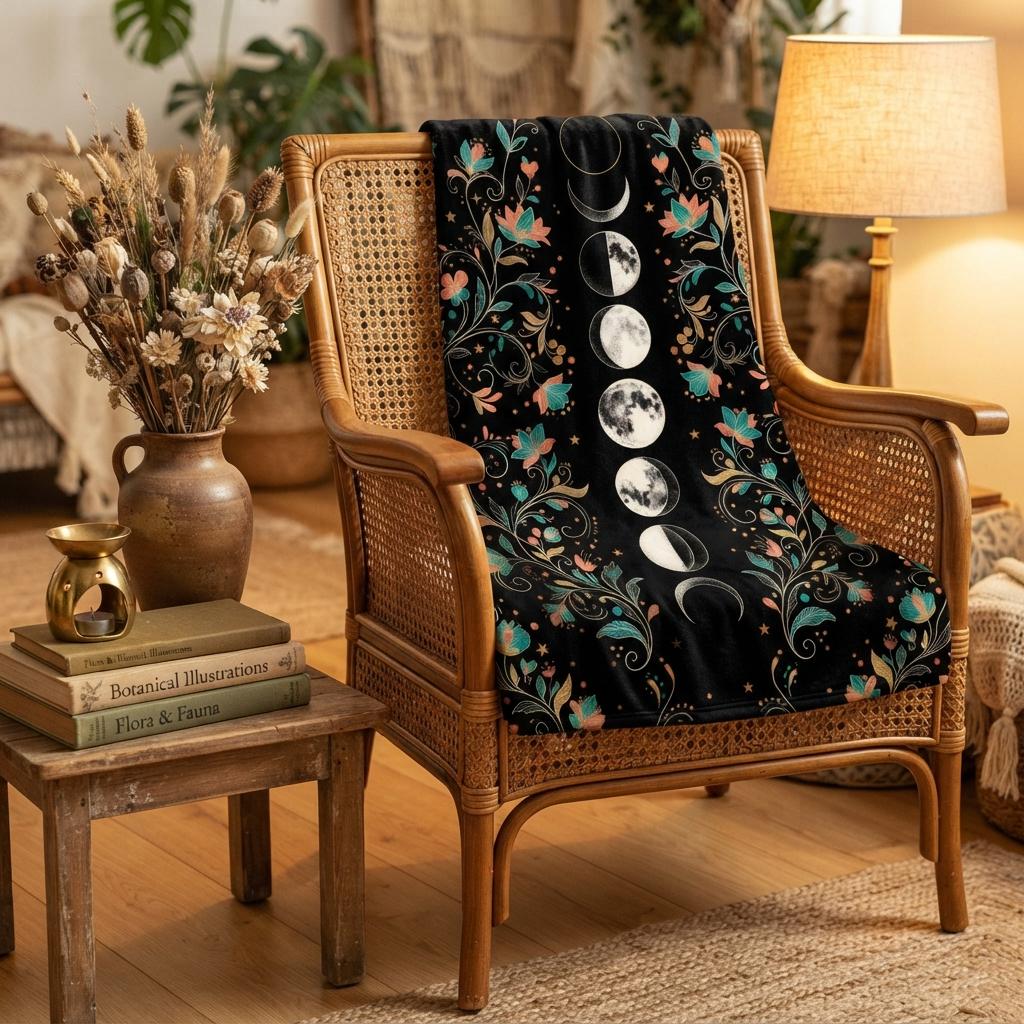 Moon Phase Flannel Blanket, Boho Celestial Throw, Witchy Cozy Blanket, Magical Home Decor, Cottagecore Gift, Soft Fall Throw