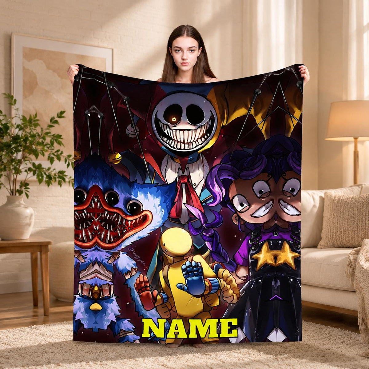Poppy Playtime Blanket Personalized, Huggy Wuggy Flannel Blanket, Horror Game Throw Blanket, Custom Name Kids Blanket, Gamer Gift